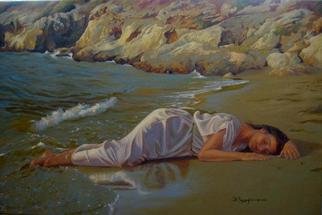 Bessie Papazafiriou; The Slumber Of Ariadne, 2005, Original Painting Oil, 30 x 20 inches. Artwork description: 241 This painting is part of a series dealing with Theseus' abandonment of Ariadne on the island of Naxos.  Here Ariadne has fallen into a deep and tranquil sleep, still unaware of the fate that awaits her.THIS PAINTING WAS STOLEN FROM MY STUDIO IN CANADA IN ...