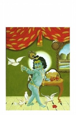 Kamal Bhandari; Krishna, 2006, Original Painting Oil, 18 x 22 inches. Artwork description: 241  Sumadhur Krishna offering grapes to Doves. ...