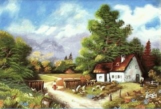 Kamal Bhandari; My Village, 2006, Original Watercolor, 22 x 18 inches. Artwork description: 241  It is a scene in Typical scottish village where there is a small house. The Sheeps and hens are grazing in open. The man is carrying a basket along with a barking dog ang the woman is bring water in buckets  from a nearby river. ...