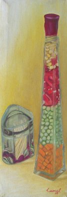 Kamal Bhandari; Pickle Bottle, 2007, Original Painting Oil, 7 x 18 inches. Artwork description: 241  Chinese pickle- bottle and tooth- pick box which sit proudly at the centre my dining table.  ...
