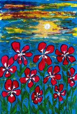 Bhuvaneswari Rajendran; Sunset And Flowers, 2021, Original Painting Acrylic, 8.5 x 11 inches. Artwork description: 241 A peaceful warm evening brightened by beautiful flowers overlooking the sun. The beauty of the flowers competes with the evening sunset. ...