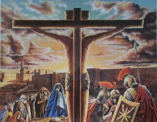 Jim Collins; Jesus On The Cross, 2024, Original Painting Oil, 12 x 9 inches. Artwork description: 241 Jesus blood is shed on the cross of Calvary to take away the sins of the world to whomever would believe on Him as the Son of God...