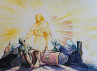 Jim Collins; Jesus Resurrected From Tomb, 2024, Original Mixed Media, 24 x 18 inches. Artwork description: 241 Jesus is resurrected and rises from the grave as the stone is rolled away while the Roman guards sleep, from Luke 24: 2...