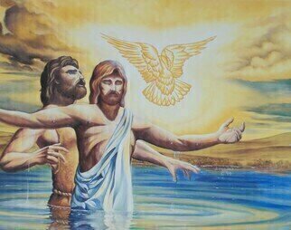 Jim Collins; John Baptizes Jesus, 2024, Original Painting Oil, 12 x 9 inches. Artwork description: 241 John baptizes Jesus in the Jordan river as the Holy spirit descends upon Jesus and God speaks out of the cloud   my beloved Son  from Matthew 3: 13- 17...
