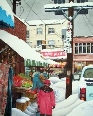 Bill Pullen; Snowy Day In Kensington Market, 2010, Original Watercolor, 9 x 12 inches. Artwork description: 241  A watercolour painting of a street scene in Toronto's Kensington market. After a snowfall.     ...