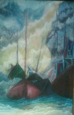 Tobi Bolaji; A Stormy Night, 2015, Original Mixed Media, 24 x 36 inches. Artwork description: 241 storm, boats, iceberg and sea...