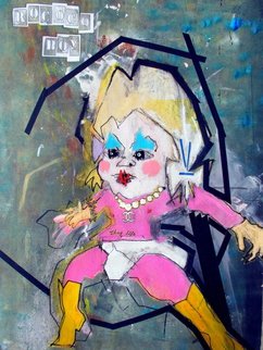 B Moody; ROCOCO BOY, 2014, Original Mixed Media, 29 x 37 inches. Artwork description: 241 ACRYLIC/ TAPE/ INK OVER MONOTYPE COLLAGE ON PAPER.  FIGURATIVE, OUTSIDER RIFF ON A BAROQUE BABY IN A NEO- MANNERIST WORLD...