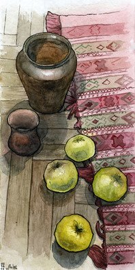 Julia Bolshakova; Apples, 2014, Original Drawing Ink, 15 x 30 cm. Artwork description: 241  Fruits, Apples, Indianink, watercolor  ...
