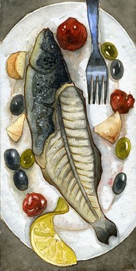 Julia Bolshakova; Fish, 2014, Original Drawing Ink, 15 x 30 cm. Artwork description: 241  Food, Fish, Indianink, watercolor...