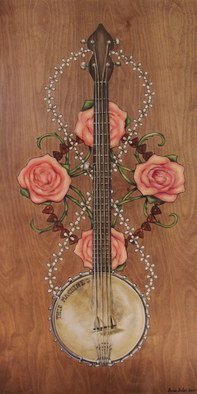 Bonie Bolen, 'This Machine', 2014, original Painting Oil, 28 x 48  x 0.4 inches. Artwork description: 1911 This is a painting of Pete Seeger' s banjo.' This Machine' is a nod to both Pete and Woody Guthrie. The pink rose represents my grandmother. There are 4 of them to represent my immediate family; myself, my sister, my mother and father. They ...