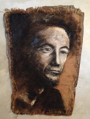 Bonie Bolen, 'Woody Guthrie', 1999, original Painting Other, 15 x 20  x 0.7 inches. Artwork description: 3099   Painting of Woody Guthrie. Painted in oil and tar on burlap rice bag on found wood.       ...