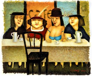 Steven Lamb; Cafe Chat, 2017, Original Mixed Media, 24 x 20 inches. Artwork description: 241 The Cafe and BistroaEURtms scenes have always inspired me.  I often observe these scenes and they get printed in my memory.  Sometimes, IaEURtmve been watching these events closely, trying to explain the situation psychologically.  I am aware that this is my interpretation, but this is ...