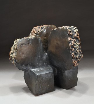 Robert Pulley; Three Black, 2020, Original Sculpture Ceramic, 14 x 13 inches. Artwork description: 241 A dark little table scale, stocky work.  Textures on the edges of the three forms suggest that this is a fragment of a larger form that has been damaged by the passage of time.  Besides black, there are deep browns and russets.  Mysterious.  May be used indoors ...