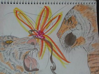 Nicole Burrell; 2 Tigers, 2012, Original Drawing Pencil, 8.5 x 11 mm. Artwork description: 241   2 tigers looking at each other with a flower in the middle drawn with a marker, tigers drawn with color pencils, wildlife drawing, animals, flower, colorful sketch. ...