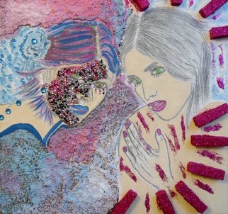 Nicole Burrell; Sparkling Women , 2016, Original Mixed Media, 10 x 12 mm. Artwork description: 241   A pencil drawing of two women sparkling with rhinestones and glitter. ...