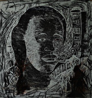 Delroy Russell; Mother Africa, 2020, Original Printmaking Linoleum, 15 x 20 inches. Artwork description: 241 linocut technique with emphasis on African symbols.exploration in crosshatching to create depth, form and tonal value. ...