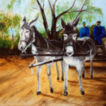 Carin Janse Van Rensburg; Pella And Stella, 2012, Original Painting Oil, 36.5 x 26 inches. Artwork description: 241  Donkey's, Pella and Stella, pulling cart on dirt road, in South African town. ...