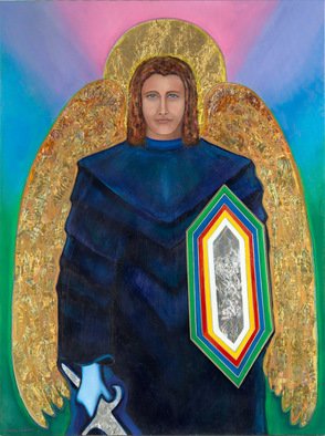 Carole Wilson; Archangel Michael, 2001, Original Printmaking Giclee, 30 x 42 inches. Artwork description: 241 Archangel Michael, printed on canvas, with halo and shield done in compostion metal leaf....
