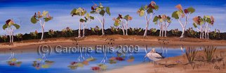 Caroline Ellis; Sunny Days Murray River, 2009, Original Painting Oil, 22 x 54 inches. Artwork description: 241  Part of the Pelicans in bold blue series.  Stark white Pelican and gum trees against blue sky and water.  Stylized works breaking away from the traditional treatment of the Murray River Environment. ...