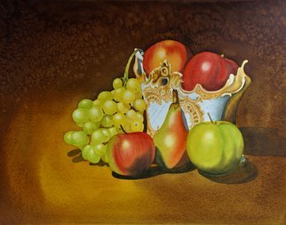 Carolyn Judge; Royal Feast, 2021, Original Watercolor, 50 x 50 cm. Artwork description: 241 Deep rich colours used to create a Baroque style painting which evokes fruit fit for Royalty.  This painting is framed without glass.  The watercolour has a UV protective coating applied for longevity. ...