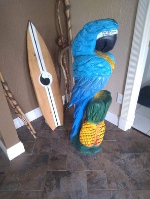 Von Nicholson; Blue Mcaw, 2019, Original Woodcut, 1 x 3 feet. Artwork description: 241 The blue macaw is cut from a 3 foot piece of pine is painted and sealed ready for display...