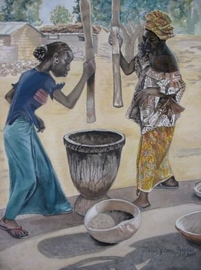Caron Sloan Zuger; Malian Women Susuing, 2009, Original Watercolor, 19.2 x 22.4 inches. Artwork description: 241  This piece is from my Africa series.  These are Malian women susuing which is the Bambara word for pounding the grain. They susu the millet even in the hot sun. Millet is the grain grown locally, that is the main staple in their diet. They work hard, ...