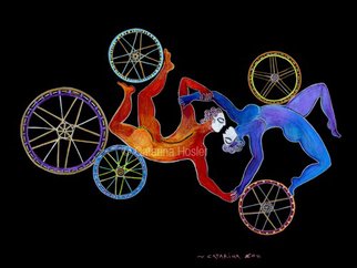 Catarina Hosler; Wheel Balance Dance, 2011, Original Printmaking Giclee, 18 x 24 inches. Artwork description: 241    Romatic figurative dance, dancingCubism colorful couples love  Bicycles bicycle art wheels ...