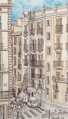 Catriona Brough; Barcelona, 2019, Original Mixed Media, 15 x 25 cm. Artwork description: 241 Barcelona buildings at La Rambla drawn from a hotel window...