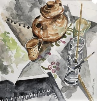 Catriona Brough; Cup Of Tea, 2019, Original Watercolor, 19.5 x 19.5 cm. Artwork description: 241 Sharing time with fellow painter over a cup of tea...