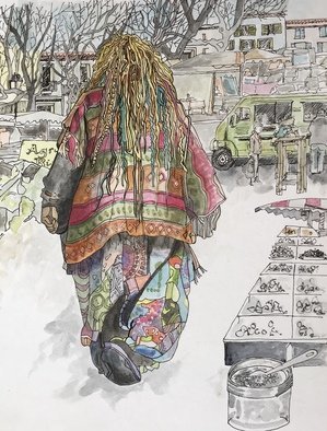 Catriona Brough; Going To Market, 2019, Original Watercolor, 21 x 26 cm. Artwork description: 241 Vibrant people in French town market...