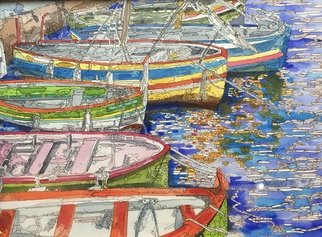Catriona Brough; Harbourside, 2020, Original Drawing Ink, 40 x 30 cm. Artwork description: 241 Vibrancy at a French harbour...