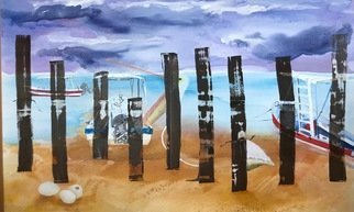 Cecilia Sassi; Behind The Fence, 2017, Original Painting Oil, 48 x 30 inches. Artwork description: 241 Oil on canvas.Series, Borderland.In this series there are always two sides and the willing to cross.In this particular canvas there is a beach, a fence. In one side some eggs with life inside and the sand. In the other side the sea, some boats, ...