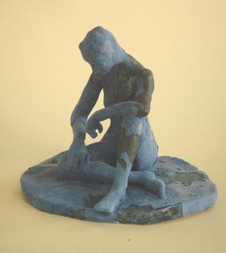 Bobbie Newman; Am I Blue, 2005, Original Sculpture Ceramic, 6 x 5 inches. Artwork description: 241 Blue and black glazed nude female dancer like figure sitting in reflective pose...