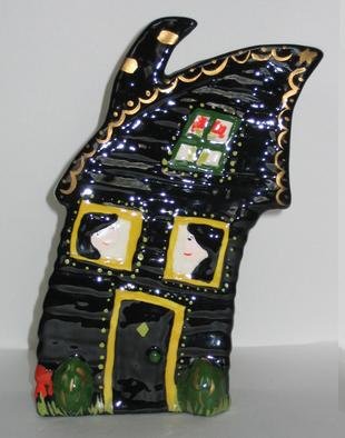 Bobbie Newman; House Vase Front, 2005, Original Sculpture Ceramic, 5 x 7 inches. Artwork description: 241 House blowing in the wind with people' s faces and flowers in the windows, vessel. Glazed clay. Can hold water....