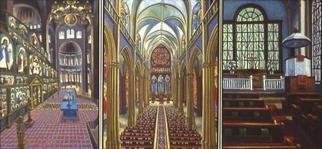 Carol Griffith; Religious Experience, 1988, Original Painting Oil, 135 x 61 inches. Artwork description: 241 This triptych uses churches to talk about three ways that I see people  approaching worship- seeking a mystical experience, looking for answers from an authority or wanting a personal relationship. ...