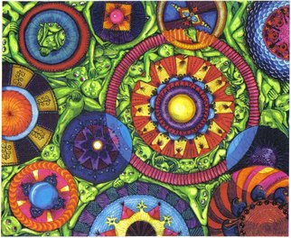 Cheryl Johnson; Alien Squash, 2000, Original Drawing Marker, 17 x 14 inches. Artwork description: 241  The subject of this drawing is the mandala images, and the backround is a tightly knit group of little green men. ...