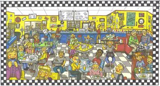 Cheryl Johnson; The Local Diner, 2005, Original Drawing Marker, 10 x 6 inches. Artwork description: 241  This is a detailed drawing of a busy family diner with the staff working hard and the customers enjoying their meals. ...