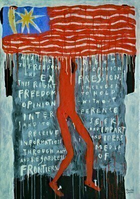 Charles Cham, '2794 ARTICLE 19 BLEEDING FLAG', 2021, original Painting Oil, 91.5 x 128.5  cm. Artwork description: 1758 aEURoeI believe that drawing is thinking and painting is feeling.  Therefore, I draw what I think and paint what I feel. aEURCharles CHAMaEURtms works are based on the philosophy of Yin and Yang - the duality of life and the attraction of opposites.  The Yin and Yang ...
