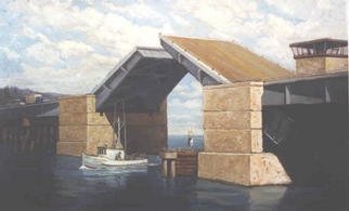 Charles Edmunds; The Charleston Bridge, 1997, Original Painting Oil, 43 x 31 inches. Artwork description: 241 A most significant work of many Paintings recording the activities of a small fishing village on the Oregon Coast. . . . . . . . This is a small fishing Troller returning under a Bascule Bridge. The Painting is in the Permanent Collection of Coosart. org under the name of Charles Edmunds...