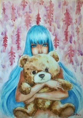 Adi Djafar; Woman With Teddy Bear, 2017, Original Watercolor, 16.5 x 11.8 inches. Artwork description: 241 Watercolor on paper de goya 200gsm...