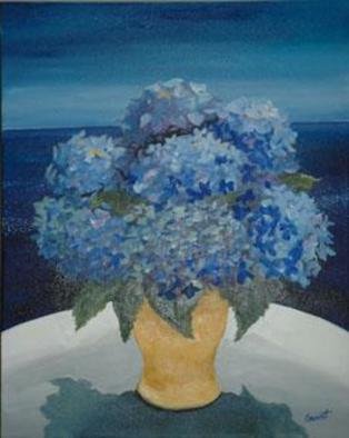 Christine Cousart; Greek Hydrangeas, 2005, Original Painting Acrylic, 20 x 24 inches. Artwork description: 241 The hydrangea is a flower that fasinates Christine.  She has painted a variety of them over the years.  The brightness of the blue against the white is appealing and fresh. ...