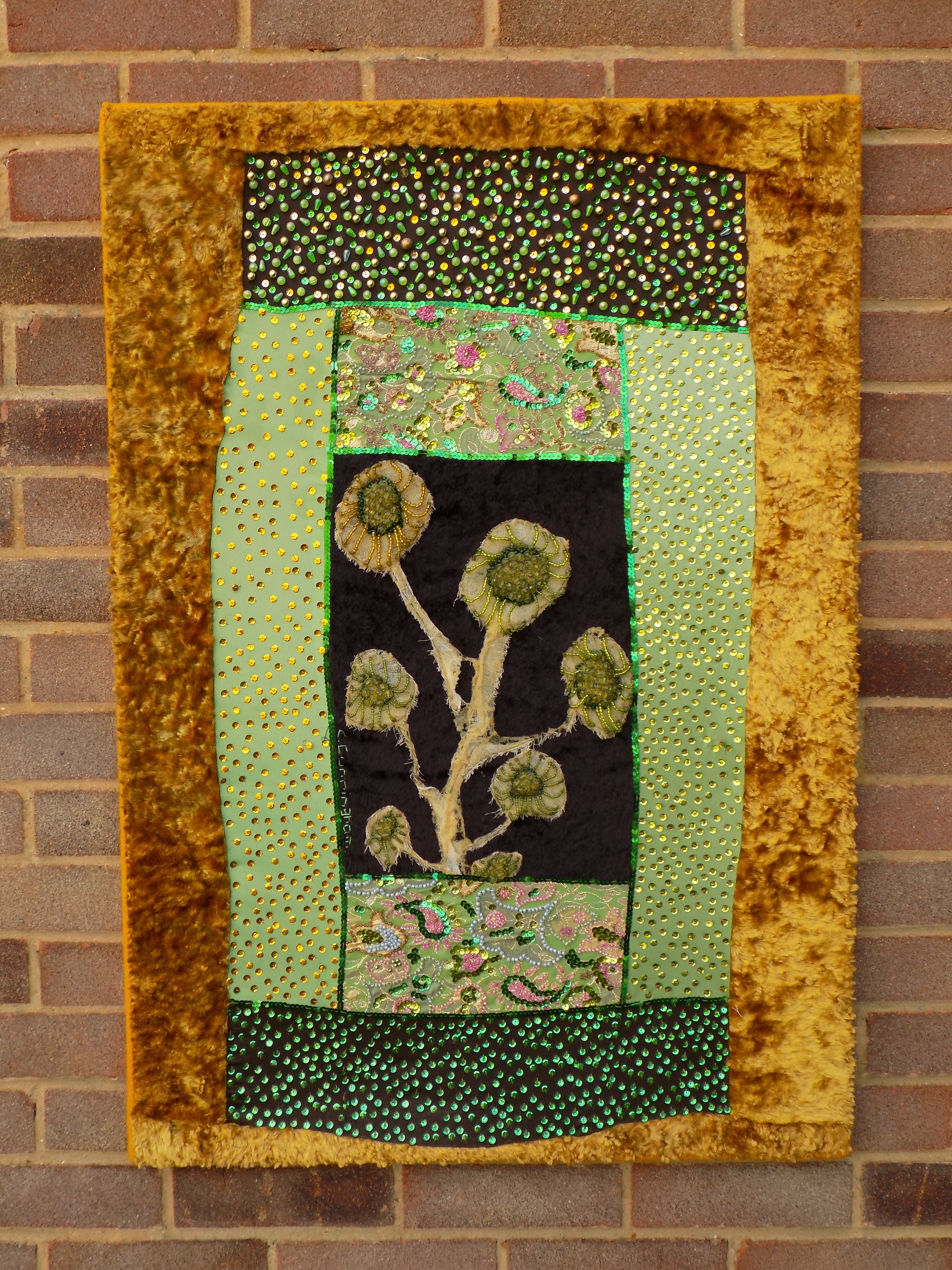 Christine Cunningham; ABSTRACT FLOWER DESIGN F, 2017, Original Textile, 27 x 40 inches. Artwork description: 241 Abstract flower design using applique embellished with beads and light reflective sequins.  Rich colour palette of green, gold and brown.  Inner framework.  From the Abstract Flower Design range in The Natural Collection...