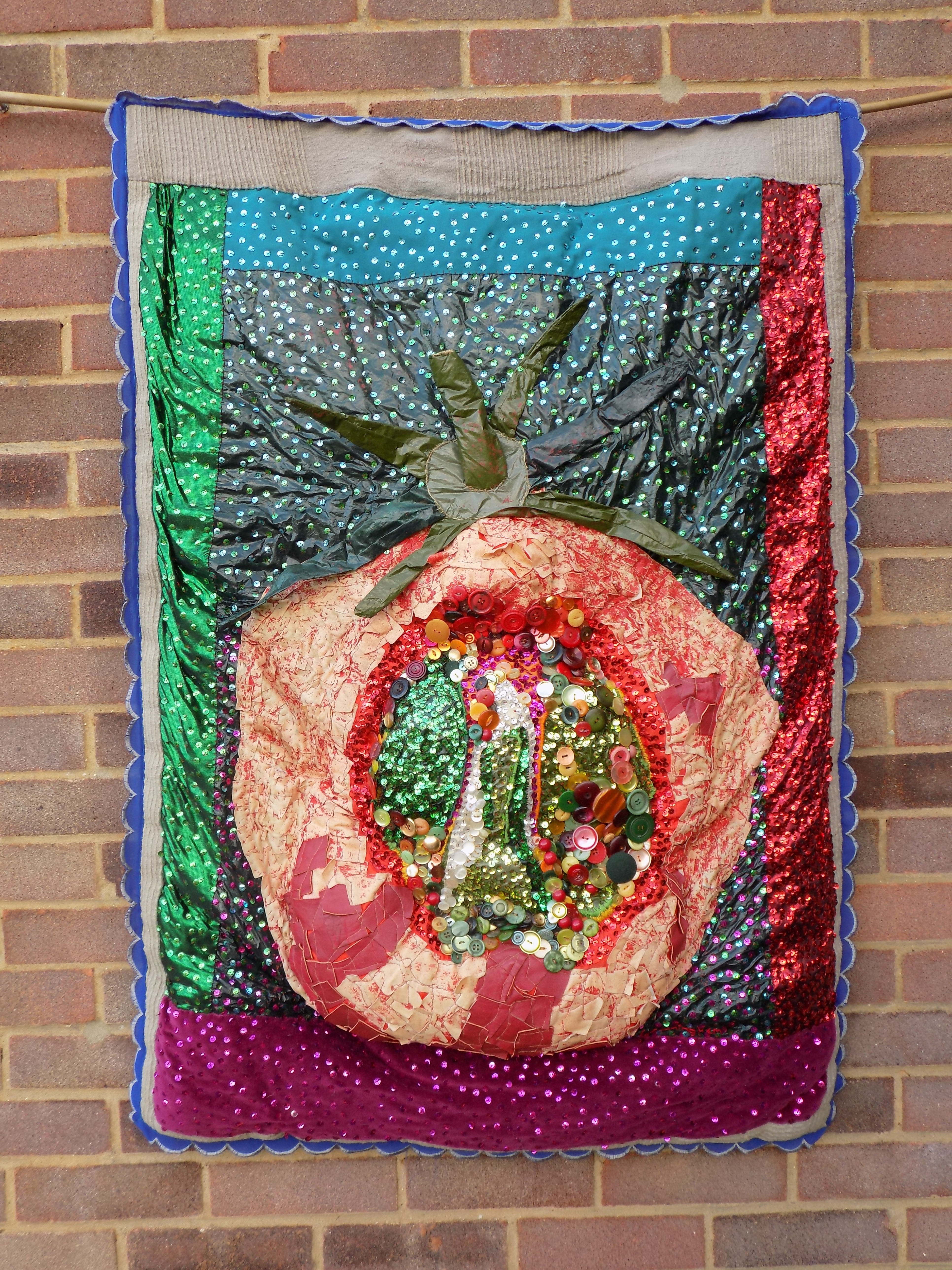Christine Cunningham; Tomato, 2017, Original Textile, 35 x 49 inches. Artwork description: 241 Abstract creation of the tomato in an explorative 3D padded applique, heavily embellished in buttons and sequins.  Vibrant colour palette of ivory, reds and greens.  Real depth achieved in the 3D structure, with padded and cavity areas to explore.  Eroded rubber, leather and plastics were used for ...