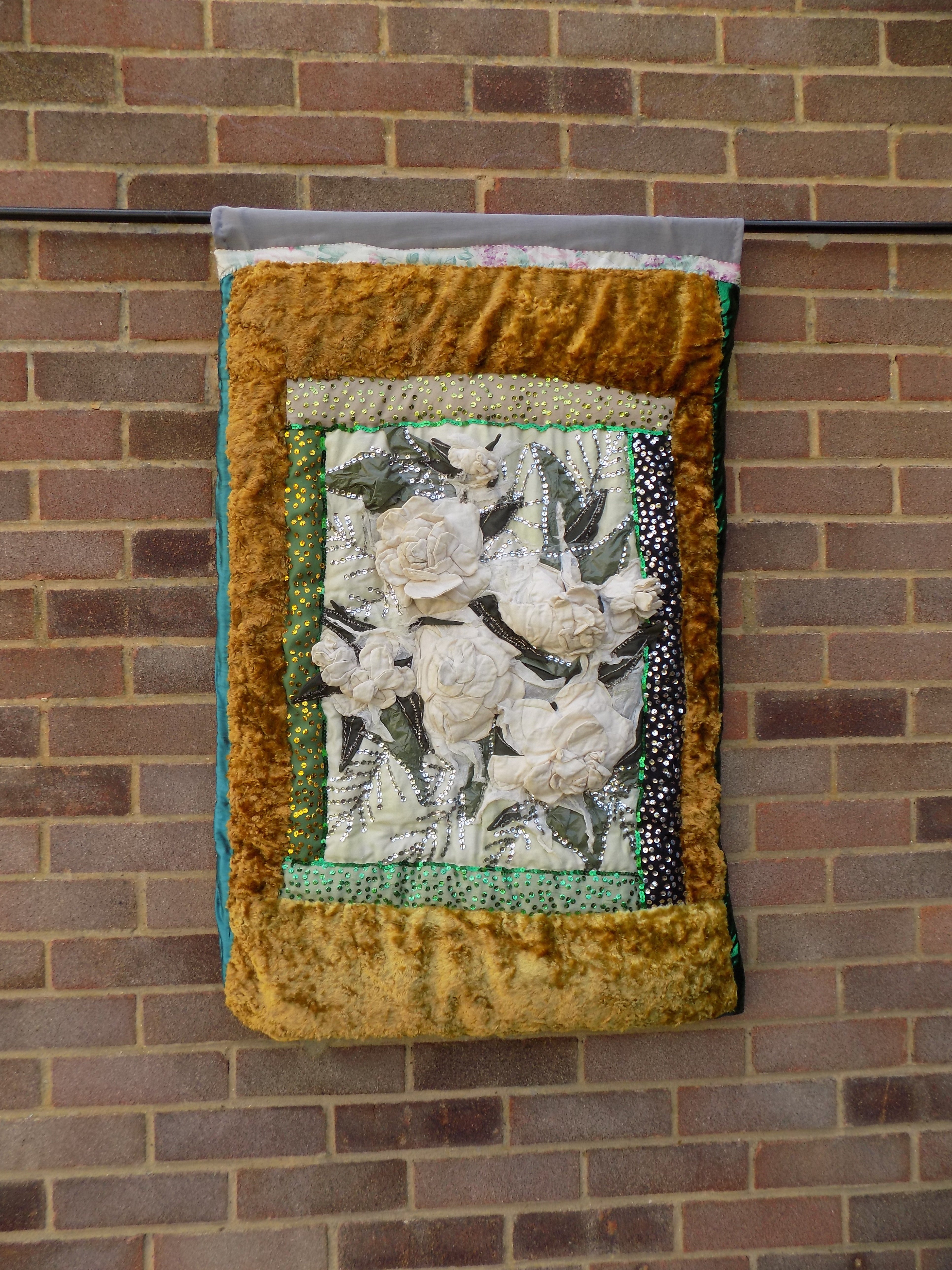 Christine Cunningham; White Roses, 2017, Original Textile, 27 x 42 inches. Artwork description: 241 Abstract Flower Design 3D with roses created from individual rose petals, sculpted and hand stitched to form individual flower heads, set against a background of leaves encrusted with beads and sequins.  Colour palette of ivory, silver, gold and green.  From The Abstract Flower Design 3D range in ...