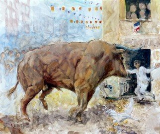 Chris Walker; Bull Run, 2020, Original Painting Oil, 55 x 47 cm. Artwork description: 241 Round the corner of the Provencal street the charging bull is confronted by the concerned proprietor of a china shop. Oil on stretched canvas  55cm x47cm . ...
