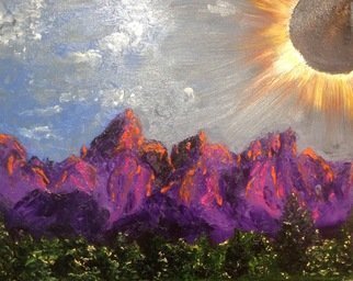 Cindy Pinnock; Grand Teton Landscape, 2017, Original Painting Oil, 20 x 16 inches. Artwork description: 241 Grand Teton Landscape, black floating frame, solar eclipse, Teton mountains, national park, mountain range, landscape, Idaho, celestial ...