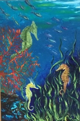 Cindy Pinnock; Ocean Seahorse, 2017, Original Painting Oil, 24 x 36 inches. Artwork description: 241 Seahorse, sea life, ocean life, coral reef, black floating frame, original painting, ocean life, underwater, aquarium, little mermaids, sea...