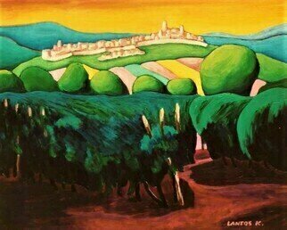 Krisztina Lantos; Orvieto And Vineyard, 2019, Original Painting Acrylic, 30 x 24 inches. Artwork description: 241 Orvieto in Italy in distance on the hill with vineyard in the foreground. Famous wine growing region. ...