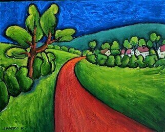 Krisztina Lantos; Red Road, 2023, Original Painting Acrylic, 24 x 18 inches. Artwork description: 241 Hot Summer landscape of a small German village. ...