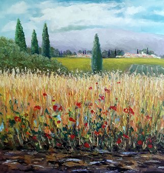 Isidro Cistare; A Corner Of My Country, 2020, Original Painting Oil, 60 x 60 cm. Artwork description: 241 A Corner of My Country Painted in oil on canvas, with much contribution of matter, by spatula and brushes.  The artist reflects in this landscape, wheat fields in the foreground, with poppies, in front of the green fields of grazing and tillage, to the village surrounded by ...